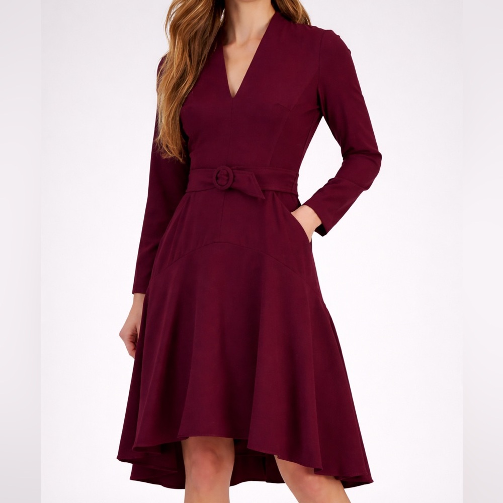 🆕 Taylor Burgundy Belted Long Sleeve V-Neck Fit & Flare Dress Size 8 Midi Hi-Low